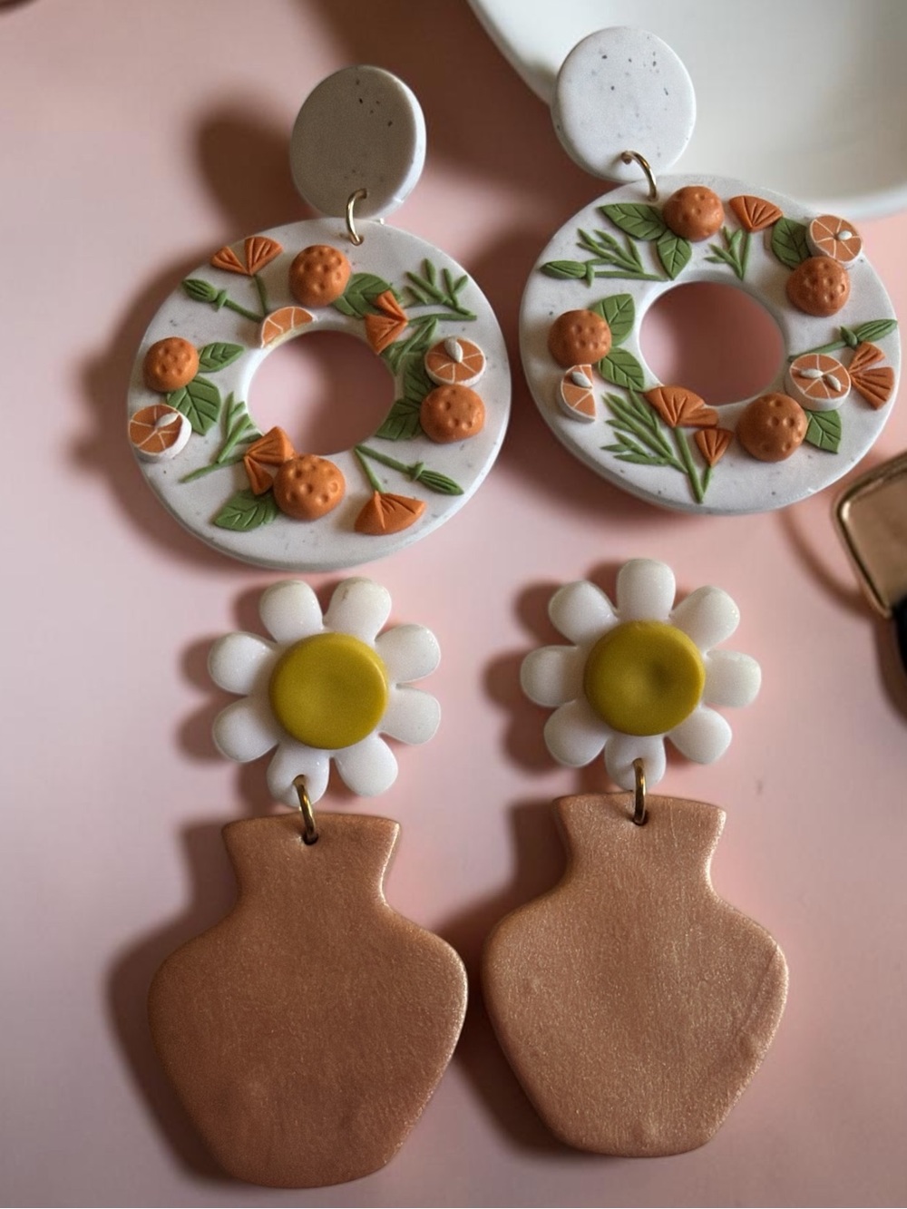 Two Pairs of Handmade Polymer Clay Flower & Fruit Themed Earrings 🌼 🍊